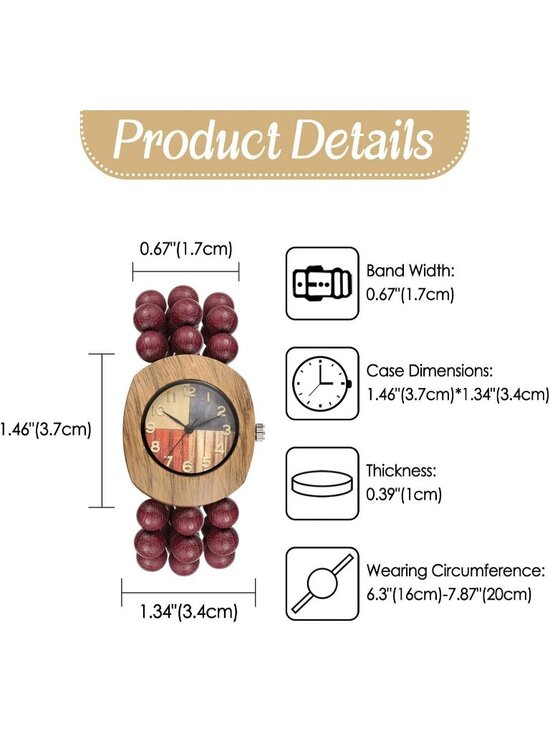 Women Red And Colorful Dial Analog Buddhist Beaded Bracelet Elastic Wooden Watch main image 5